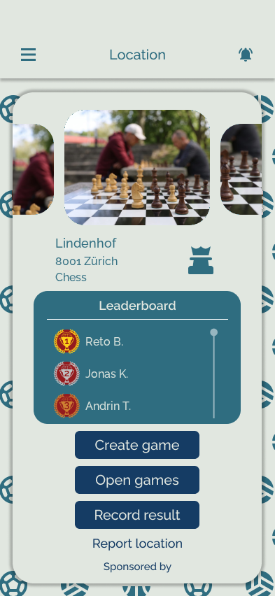 App-Ansicht eines Spots mit Rangliste und Buttons für Match erstellen, offene Matches und Resultat eintragen